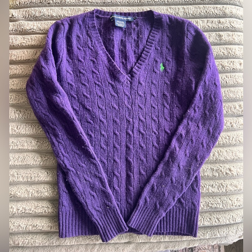 Ralph Lauren Women's Cableknit Wool V-Neck Sweater- S/M
